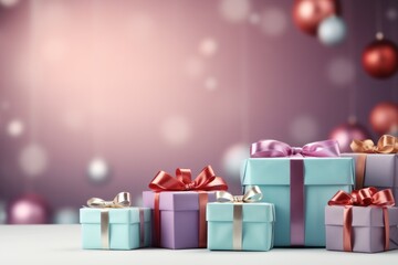 Photo of christmas gift boxes with bows on a festive background - created with Generative AI technology
