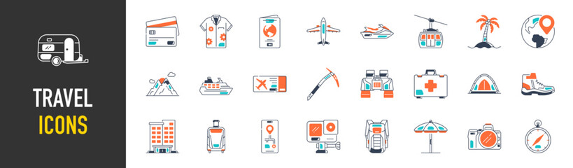 Travel icon set. Summer vacations and holiday symbol vector illustration. Collection of traveling and tourism elements.   © Vector Market