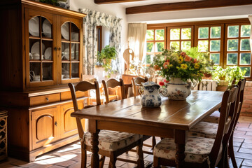 Charming Country Dining Room with Rustic Furniture and Delicate Floral Patterns, Creating a Cozy and Inviting Atmosphere