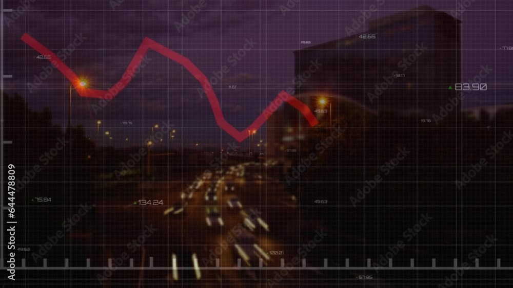 Poster animation of graph and changing numbers over time lapse of moving vehicles and building against sky