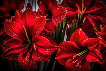 A still Life Close Up Shot of Amaryllis Flowers. These vibrant red blossoms stand tall and proud, their petals unfurling in exquisite detail - AI Generative