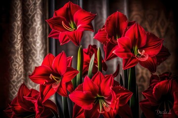 A still Life Close Up Shot of Amaryllis Flowers. These vibrant red blossoms stand tall and proud, their petals unfurling in exquisite detail - AI Generative