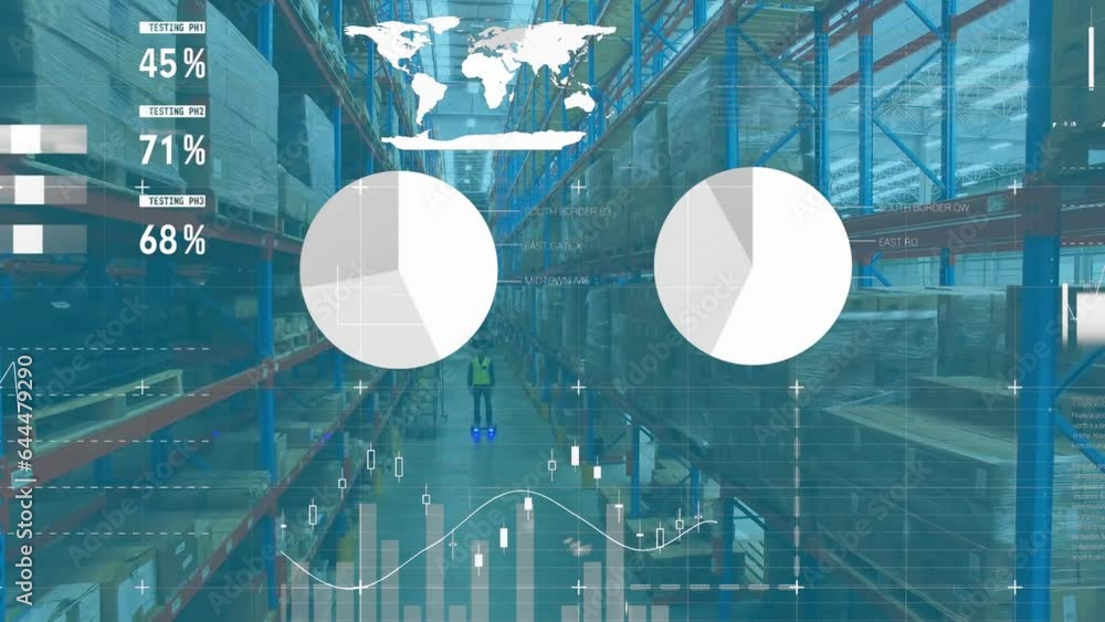 Aufkleber animation of infographic interface over aerial view of biracial man using hoverboard in warehouse