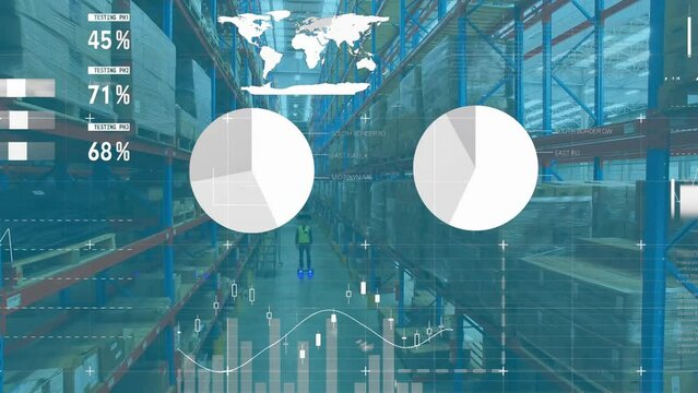Animation of infographic interface over aerial view of biracial man using hoverboard in warehouse