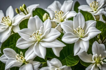 A still life close up shot of Jasmine flowers. The composition is a symphony of whites and greens, with the flowers standing as graceful notes on nature's staff - AI Generative