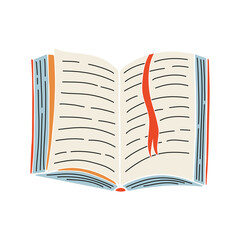 Vector illustration of opened book with bookmark. Symbol of literature and education. Doodle style single object isolated on transparent background.