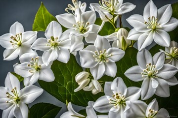Naklejka premium A still life close up shot of Jasmine flowers. The composition is a symphony of whites and greens, with the flowers standing as graceful notes on nature's staff - AI Generative