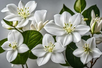 Naklejka na ściany i meble A still life close up shot of Jasmine flowers. The composition is a symphony of whites and greens, with the flowers standing as graceful notes on nature's staff - AI Generative
