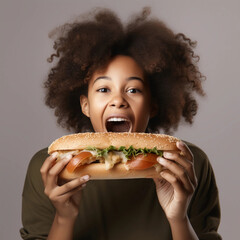 Sandwich day. Black girl bites a big sandwich. Close-up. Fast food. Unhealthy food