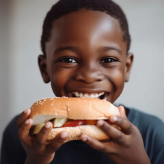 Sandwich day. A black, cheerful boy holds a large sandwich in his hands. Close-up. Fast food. Unhealthy food