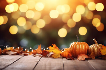 pumpkin with fall leaves and bokeh background, space for text