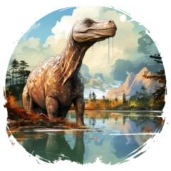 Fotobehang A serene Dinosaur t-shirt design capturing a tranquil moment of a lone, majestic sauropod dinosaur wading through a calm, Generative Ai © creativeproartist