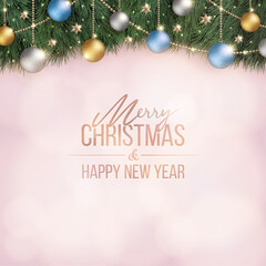 Fototapeta na wymiar キラキラ光り輝くクリスマスの飾りとピンクのぼかし背景