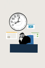 Fototapeta na wymiar Poster artwork sketch collage of sad exhausted man smm targetologist stress early morning isolated on drawing creative background