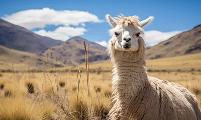Fotobehang Close-up llama stands tall in a vast Bolivian field. Created by AI © smth.design