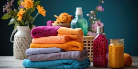 bright colored clean towels in the bathroom. Generative AI