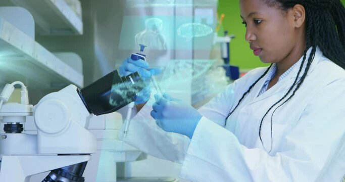 Animation of medical interfaces over african american female scientist taking sample from test tube