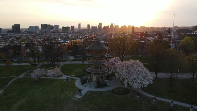 Aerial view of the Patterson Park Pagoda observatory in Baltimore downtown, Maryland, United States.