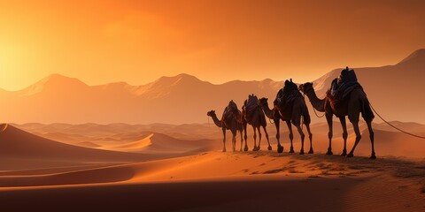 Fototapeta na wymiar silhouettes of camels the dunes of the desert, sunset in the desert. Generative AI