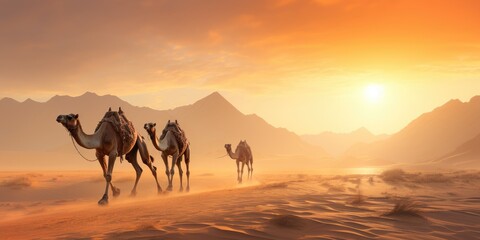 Fototapeta na wymiar silhouettes of camels the dunes of the desert, sunset in the desert. Generative AI