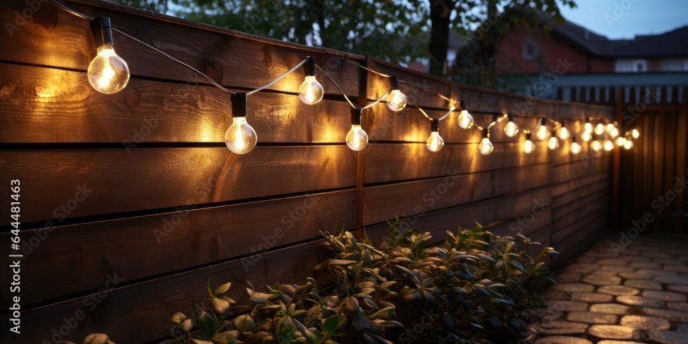 Wall mural close-up of a street garland with warm light on patio late at night. generative ai