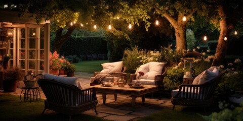 Close-up of outdoor garden furniture the warm light of lanterns. Generative AI