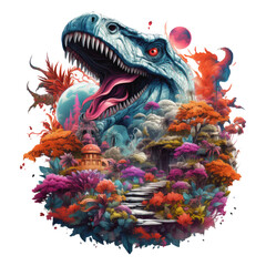 Fototapeta na wymiar An enchanting Dinosaur t-shirt design portraying a magical forest where dinosaurs and mythical creatures coexist, Generative Ai