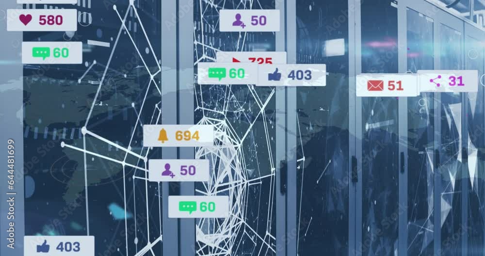 Aufkleber animation of notification bars, and connected dots globes over data server room