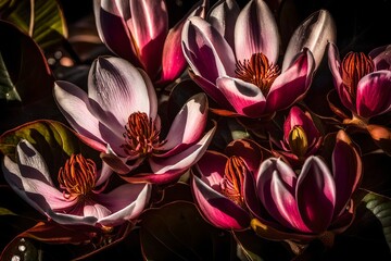 A Still Life Close up Shot of Magnolia Flowers. In this close-up view, the magnolia blossoms are a symphony of color and detail - AI generative