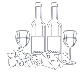 Bottles of wine, wine in glasses, cheese and grape. Lineart, outline only. Vector graphic.	