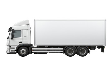 Side view of isolated white trailer truck on cutout PNG transparent background