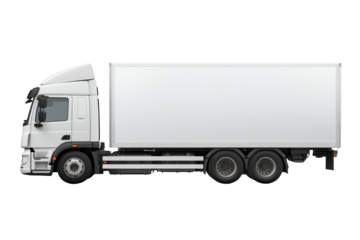 Side view of isolated white trailer truck on cutout PNG transparent background