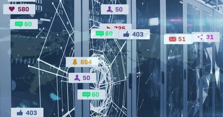Animation of notification bars, and connected dots globes over data server room - Powered by Adobe