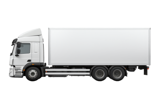 Side view of isolated white trailer truck on cutout PNG transparent background
