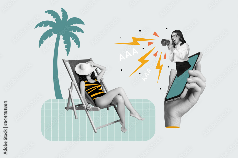 Canvas Prints Artwork sketch collage illustration hand hold phone aggressive worker shouting beautiful girl lying sunbathing tropical resort