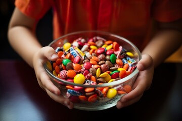 Child prepare sweets for children's halloween basket. Concept of Halloween holiday