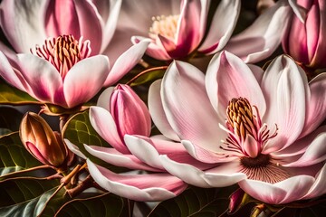 A Still Life Close up Shot of Magnolia Flowers. This close-up shot celebrates the intricate details of magnolia flowers - AI Generative