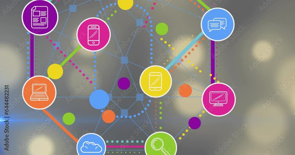 Poster animation of colourful mobile application icons connecting with lines on lens flare