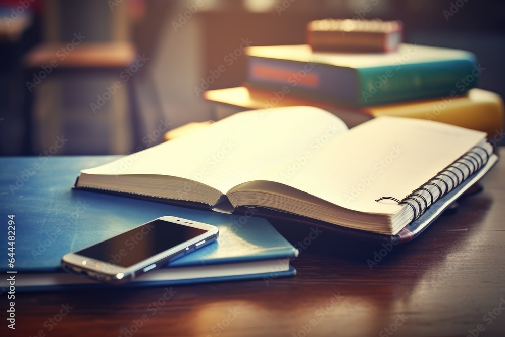 Poster a notebook with textbooks on a school desk.