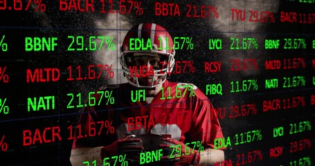 Animation of stock market data moving over african american rugby player holding ball over space - Powered by Adobe