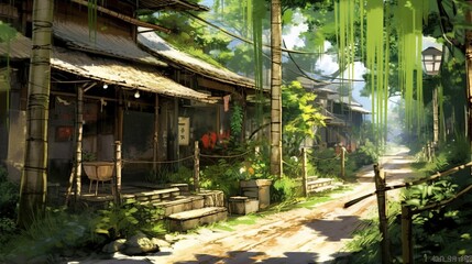 Japanese anime style bamboo forest village road