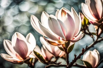 A Still Life Close up Shot of Magnolia Flowers. This photograph captures the magnolia blossoms in all their glory - AI Generative