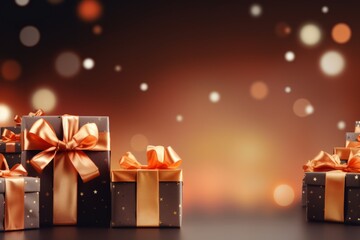 Photo of christmas gift boxes with bows on a festive background - created with Generative AI technology