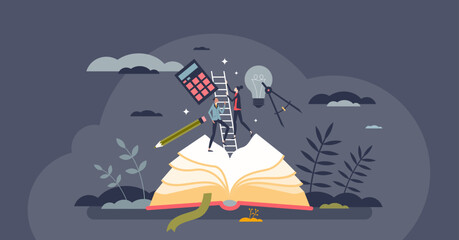 Fototapeta premium Pathway to knowledge with academic training and education tiny person concept. Study from books and reading to develop thinking and cognition skills vector illustration. Smart STEM learning process.