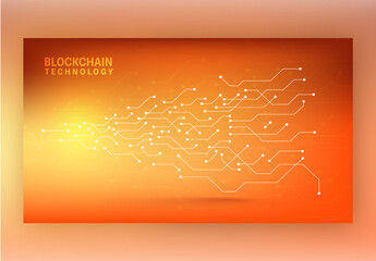 Blockchain Technology Concept Based Landing Page With Glowing Circuit Board Lines Orange Background.