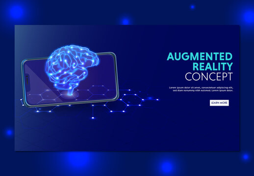 Augmented Reality (AR) Concept Based Landing Page With Digital Brain At Smartphone On Blue Hexagon Connection Background.
