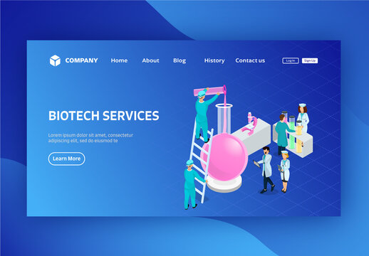Biotech Services Based Landing Page Design With Medical Team Working Together In Laboratory.