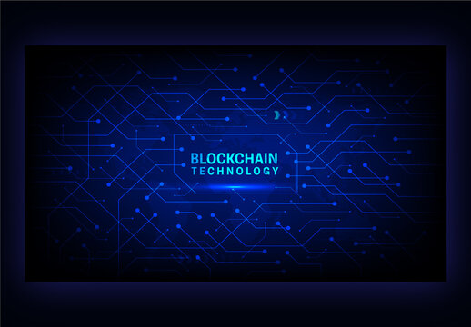 Blockchain Technology Concept, Abstract Glowing Circuit Board Lines Pattern Background. Can Be Used As Landing Page Design.