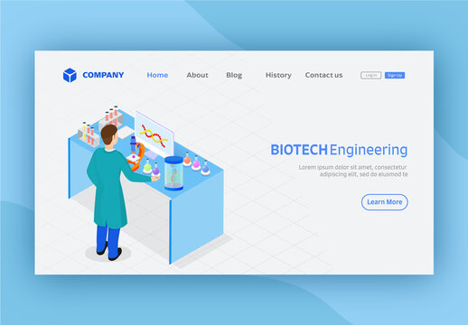 Biotech Engineering Landing Page Design With Scientist Doing Research On DNA In Laboratory.