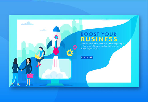 Businesswomen Launching A Successful Project From Desktop For Boost Your Business Or Startup Concept. Landing Page Design.